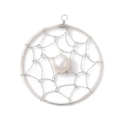 Platinum Natural Cultured Freshwater Pearl Pendants, Flat Round Brass Web/Net Charms, Platinum, 40x35.5x6mm, Hole: 2mm
