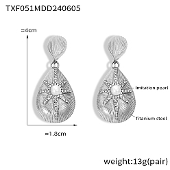 Нержавеющая Сталь Цвет Серьги-гвоздики из нержавеющей стали в виде капель, с имитацией жемчуга и фианитами, для женщин, цвет нержавеющей стали, 40x18 мм