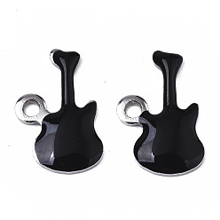 Black 201 Stainless Steel Enamel Charms, Guitar, Stainless Steel Color, Black, 15x9x2mm, Hole: 1.6mm