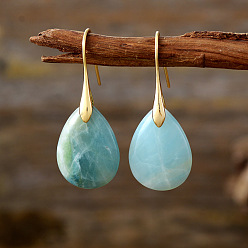 Flower Amazonite Серьги-капли из латуни, с натуральным цветком амазонитом, золотые, 40x18 мм