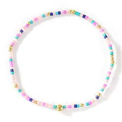 Разноцветный Богемные браслеты из стеклянного бисера и латуни на эластичной основе для женщин., колонка, красочный, 6.50 дюйм (16.5 см)