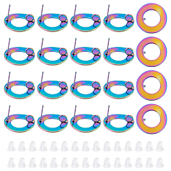 Rainbow Color 20Pcs Rainbow Color 304 Stainless Steel Stud Earring Findings, with Loop, Ring, with 30Pcs Plastic Ear Nuts, 18mm, Hole: 3mm, Pin: 0.7mm