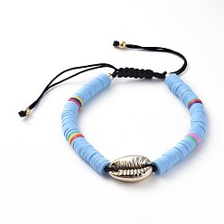 Sky Blue Adjustable Nylon Cord Braided Bead Bracelets, with Polymer Clay Heishi Beads, Electroplated Cowrie Shell Beads and Brass Round Beads, Sky Blue, 2 inch~3-1/2 inch(5~9cm)