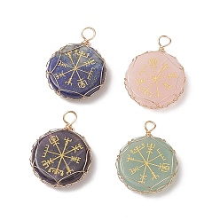 Mixed Stone 4Pcs 4 Styles Natural Mixed Gemstone Copper Wire Wrapped Pendants, Flat Round Charms with Viking Pattern, Golden, Mixed Dyed and Undyed, 35x26x6.5mm, Hole: 4mm, 1pc/style
