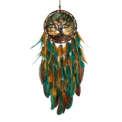 Vert Arbre de vie en résine, acrylique et filet tissé avec ornements suspendus en plumes, Décoration murale bohème pour la chambre à coucher, verte, 760mm