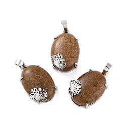 Goldstone Synthetic Goldstone Pendants, with Platinum Tone Brass Findings, Cadmium Free & Lead Free, Oval with Tree, 28~29.5x18.5x9.5mm, Hole: 8x5mm