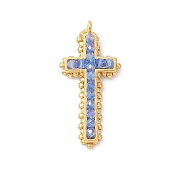 Королевский синий Подвески гальванизируйте стекла, крест очарование, с шариками из сплава и семян, граненые, королевский синий, 40x29x7 мм, отверстие : 1.8 мм