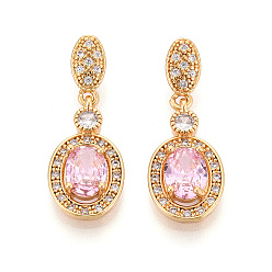 Pink Латунные микро проложить кубического циркония подвески, овальные, без никеля , долговечный, реальный 18 k позолоченный, розовые, 28.5x11x5 мм, отверстие : 5.5x2.5 мм
