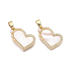 Настоящее золото 18K Латунные микропаве прозрачные подвески с фианитом, без кадмия и без свинца, с ракушкой и имитацией жемчуга из АБС, сердце прелести, реальный 18 k позолоченный, 20x13.5x4.5 мм, отверстие : 5.5x3 мм