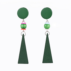 Green Pear Wood Dangle Earrings, with Polymer Clay Heishi Beads(Random Color) and 304 Stainless Steel Stud Earring Findings, Triangle, Green, 74mm, Pin: 0.6mm