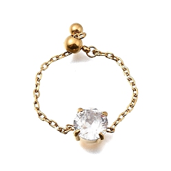 Плоский Круглый 304 Регулируемые кольца цепи из нержавеющей стали с инкрустацией кубическим цирконием, прозрачные, золотые, плоско-круглые, внутренний диаметр: 15~17 мм, Поверхность: 7x7 мм