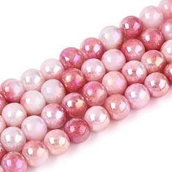 Светло-Коралловый Гальванические непрозрачные стеклянные бусины, круглые, с покрытием AB цвета, два тона, свет коралловый, 8~8.5 мм, отверстие : 1~1.2 мм, около 102~105 шт / нитка, 29.13~30.31'' (74~77 см)