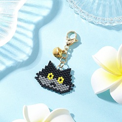 Черный Подвески ручной работы из стеклянных бусин в форме головы кошки, с карабинами из сплава и подвеской в виде колокольчика, чёрные, 46.5 мм