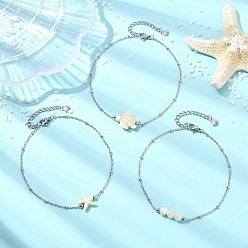 Нержавеющая Сталь Цвет 3шт. 3 стили: браслеты на лодыжку из синтетической ткани, окрашенной в морской цвет, в виде морской звезды и круглой белой ракушки., 304 женские украшения из нержавеющей стали, цветочный белый, цвет нержавеющей стали, 9~9-1/8 дюйм (228~230 мм), 1 шт / стиль