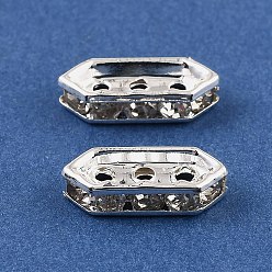 Серебро Латунные хрустальные стразы, разделительные планки, 3-луночное, шестиугольник, серебряные, 15x3.5x6 мм, отверстие : 1.4 мм