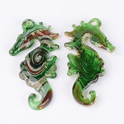 Mixed Color Handmade Silver Foil Lampwork Big Pendants, with Gold Sand, Sea Horse, Mixed Color, 68x35x8mm, Hole: 3mm, 12pcs/box