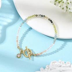 Green Gradient Natural Mixed Stone Faceted Round Beaded Bracelets, with 304 Stainless Steel OT Clasps, Golden, Green, 7.56 inch(19.2cm)