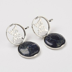 Содалитовое Природные подвески содалитом, С выводами медальона из медных рассеивателей, плоские круглые с бабочкой, 31x26x8 мм, отверстие : 4 мм