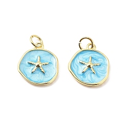 Небесно-голубой Латунь эмаль прелести, с прыжковых колец, плоский круглый с подвесками в виде морских звезд, стойки покрытие, реальный 18 k позолоченный, без свинца и без кадмия, долговечный, голубой, 15x13x3 мм, отверстие : 3.3 мм