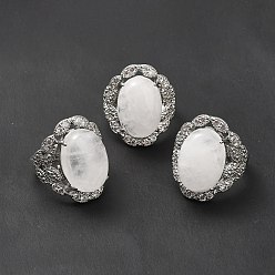 Quartz Crystal Natural Quartz Crystal Adjustable Rings, Platinum Tone Oval Brass Rings for Women, Cadmium Free & Lead Free, US Size 7 3/4(17.9mm), 3.5~5mm