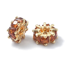 Сиена Латунные бусины, без кадмия, без никеля и без свинца, со стеклом, колонка, реальный 18 k позолоченный, цвет охры, 10x10x4.5 мм, отверстие : 1.6 мм