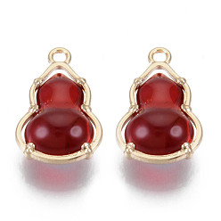 FireBrick Glass Pendants, with Alloy Open Back Settings, Cadmium Free & Nickel Free & Lead Free, Gourd, Light Gold, FireBrick, 18.5x11.5x7mm, Hole: 1.6mm