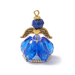 Синий Граненые подвески стекла, ангельское очарование, с крылом из античного золотого сплава и золотой железной петлей, стеклянными жемчужными бусинами и стеклянными бусинами, синие, 31x20x20 мм, отверстие : 2 мм