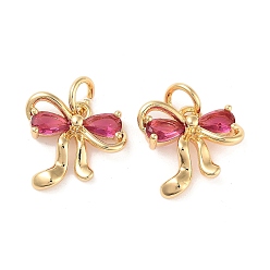 Светло-Вишневый Латунные микро проложить кубического циркония подвески, без кадмия, без никеля и без свинца, с прыжковых колец, бантом прелести, реальный 18 k позолоченный, светло-вишневый, 12x13x3.5 мм, отверстие : 3 мм