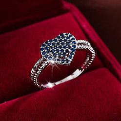 Королевский синий Кольца для женщин с микропаве из латуни и кубическими цирконами, сердце, платина, королевский синий, размер США 9 (18.9 мм)