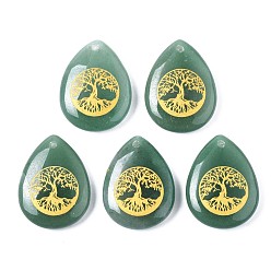 Зеленый Авантюрин Естественный зеленый авантюрин подвески, слеза с рисунком дерева жизни, 32~33.5x25~26x6.5~7.5 мм, отверстие : 2 мм, 6 шт / пакет