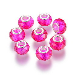 Magenta Handmade Glass European Beads, Large Hole Beads, Silver Color Brass Core, Magenta, 14x8mm, Hole: 5mm