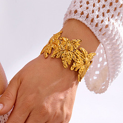 Цветок 304 из нержавеющей стали манжеты браслеты, широкие браслеты для женщин, реальный 18 k позолоченный, цветок, внутренний диаметр: 2-3/8 дюйм (6 см)