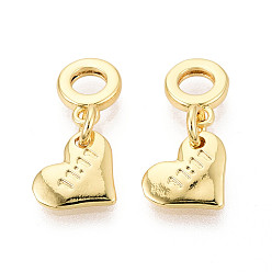 Настоящее золото 18K Латунные 11:11 подвески в форме сердца в европейском стиле, Подвески с большими отверстиями, реальный 18 k позолоченный, 19.5 мм, отверстие : 3.8 мм
