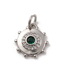 Темно-Зеленый Латунные микро проложить кубического циркония прелести, долговечный, без свинца и без кадмия, платина, круглые, темно-зеленый, 13x12x3 мм, отверстие : 3 мм
