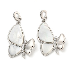 Платинированный Латунные микропаве прозрачные подвески с фианитом, без кадмия, без никеля и без свинца, с белой скорлупой, бабочки прелести, Реальная платина, 27.5x19x4 мм, отверстие : 4x3 мм