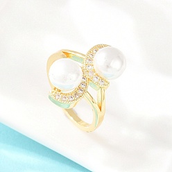 Настоящее золото 18K Кольца для женщин с микропаве из латуни и кубическими цирконами, круглые, с абс пластмассовой имитационной жемчужиной, реальный 18 k позолоченный, 21.5 мм, внутренний диаметр: 17.8 мм