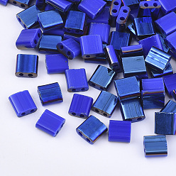 Blue FGB 2-Hole Glass Seed Beads, Half Blue Plated Colours, Square, Blue, 5x4.5~5.5x2~2.5mm, Hole: 0.5~0.8mm, about 1180pcs/bag