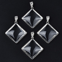 Clear Glass Pendants, with Brass Findings, Rhombus Charms, Platinum, Clear, 47.5x43x9.5mm, Hole: 9mm