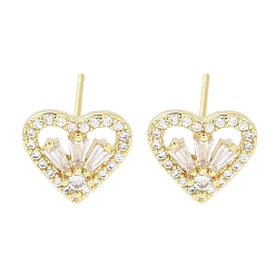 Настоящее золото 18K Женские серьги-гвоздики из латуни с микропаве и прозрачным кубическим цирконием, сердце, реальный 18 k позолоченный, 10x11 мм