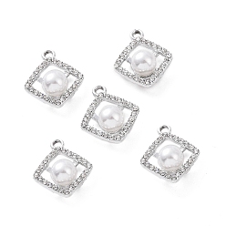 Platinum Alloy Rhinestone Pendants, with ABS Plastic Imitation Pearl Beads, Rhombus Charm, Platinum, 22.5x18.5x9mm, Hole: 2.5mm