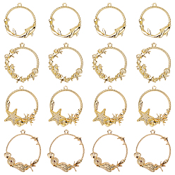 Golden Rack Plating Alloy Open Back Bezel Pendants, For DIY UV Resin, Epoxy Resin, Pressed Flower Jewelry, Cadmium Free & Nickel Free & Lead Free, Flat Round with Shell, Sea Horse, Starfish and Dolphin, Golden, 41x36x5.5mm, Hole: 2mm, 24pcs/box