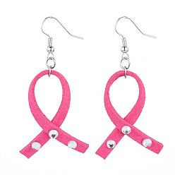 Rose Chaud Boucles d'oreilles en laiton balancent, avec faux cordon de daim et cabochons en acrylique avec strass de Taiwan, ruban de conscience, platine, rose chaud, 59~61 mm, broches: 0.7 mm
