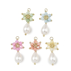 Mixed Color Electroplate Glass Pendants, Snowflake with Teardrop Charm, with 304 Stainless Steel Open Jump Rings & Glass Pearl & Glass Seed Beads, Faceted, Mixed Color, 31x15x9mm, Hole: 3mm