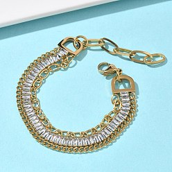 Прозрачный 304 Двухслойные браслеты-цепочки из нержавеющей стали и стекла для женщин, прямоугольные, реальный 18 k позолоченный, ионное покрытие (ip), долговечный, прозрачные, 6.65 дюйм (16.9 см)