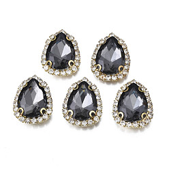 Gray Sew on Rhinestone, Transparent Glass Rhinestone, with Brass Prong Settings, Faceted, Teardrop, Gray, 23x17.5x6.5mm, Hole: 0.9mm