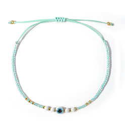 Бледно-Зеленый Браслеты из стеклянного бисера и плетеных из смолы бусин, Регулируемые браслеты из плетеной нейлоновой нити для женщин, злые глаза, бледно-зеленый, 11.02 дюйм (28 см)