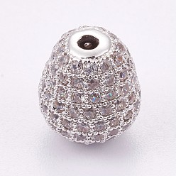 Platinum Brass Micro Pave Cubic Zirconia Beads, Long-Lasting Plated, teardrop, Platinum, 12x10mm, Hole: 2mm
