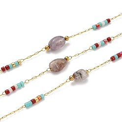 Аметист 304 цепи из бисера ручной работы из нержавеющей стали, цепочки из натурального аметиста и бисера, несварные, с катушкой, 8~11x3~6x3~6 мм, 10 м / рулон