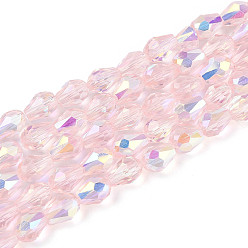 Pink Прозрачные стеклянные бусины гальваническим пряди, слеза, с половинным покрытием ab цвета, граненые, розовые, 7.5~8x5.5~6 мм, отверстие : 1~1.2 мм, около 65~66 шт / нитка, 19.69~20.28 дюйм (50~51.5 см)