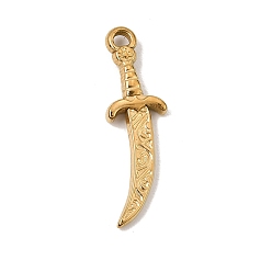 Chapado en Oro Real 18K 304 colgantes de acero inoxidable, amuletos de daga curva, revestimiento de iones (ip), real 18 k chapado en oro, 31.5x11x3 mm, agujero: 2.5 mm